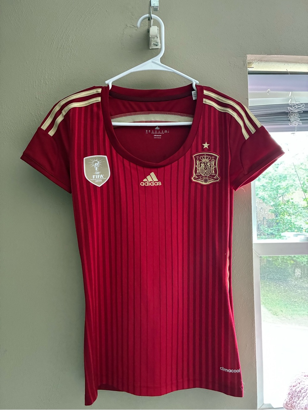adidas Spain Home Soccer Jersey in Red with Gold Stripes